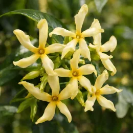 Jasmin étoilé jaune (Trachelospermum asiaticum) — grappes de petites fleurs jaunes étoilées · Photo d'illustration