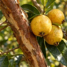 Goyavier de chine à fruits jaunes 'F. lucidum' (Psidium cattleyanum) — fruits jaunes mûrs sur rameau à écorce desquamée · Photo d'illustration