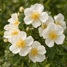 Rosier pimprenelle (Rosa pimpinellifolia) — grappes de fleurs simples blanches en gros plan · Photo d'illustration