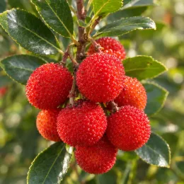 Arbousier. arbre aux fraises 'Rubra' (Arbutus unedo) — gros plan sur grappes de fruits rouges ronds · Photo d'illustration