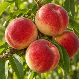 Pêcher 'Redwing' (Prunus persica) — gros plan sur plusieurs fruits mûrs