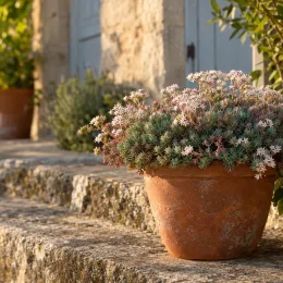 Orpin d'espagne (Sedum hispanicum) — plante succulente fleurie en pot sur marches · Photo d'illustration