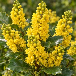 Mahonia (Mahonia aquifolium) — grappes de fleurs jaunes avec feuillage vert luisant · Photo d'illustration