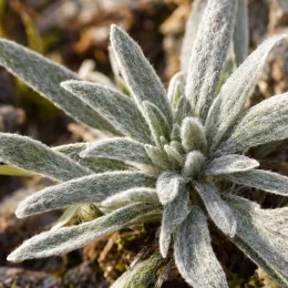 Edelweiss blanc (Leontopodium alpinum) — rosette de feuilles velues gris argenté au jardin · Photo d'illustration