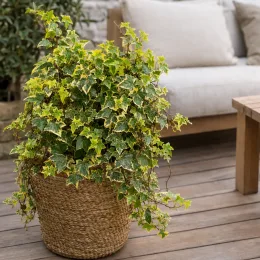 Lierre 'Goldchild' (Hedera helix) — feuillage vert panaché en pot tressé sur terrasse · Photo d'illustration