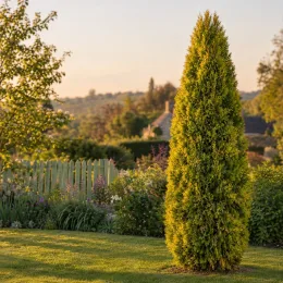 Thuya d'orient 'Pyramidalis aurea' (Thuja orientalis) — conifère élancé isolé sur pelouse de jardin