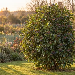 Laurier-tin 'Giganteum' (Viburnum tinus) — grand arbuste arrondi couvert de baies sombres · Photo d'illustration
