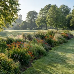 Montbretia orange et jaune 'Babylon' (Croscosmia × crocosmiiflora) — massif de vivaces colorées dans grand parc vert · Photo d'illustration