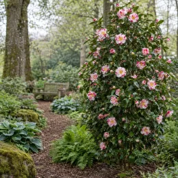 Camélia du japon 'Paul jones supreme bicolore' (Camellia japonica) — grand arbuste fleuri bicolore dans massif de jardin · Photo d'illustration