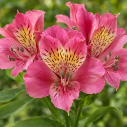 Alstrœmères (Alstroemeria) — gros plan de fleurs roses tachetées jaunes · Photo d'illustration