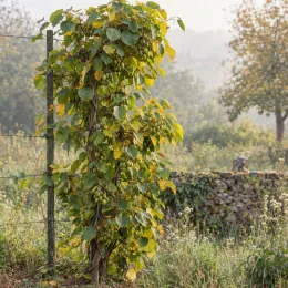 Kiwaï 'Issaï' (Actinidia arguta) — plante grimpante garnie de fruits sur treillage · Photo d'illustration