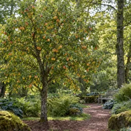 Pommier 'Usta churia' (Malus domestica) — arbre fruitier chargé de fruits dans jardin ombragé · Photo d'illustration