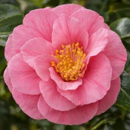 Camelia 'Donation' (Camelia japonica) — gros plan de fleur rose en rosette · Photo d'illustration