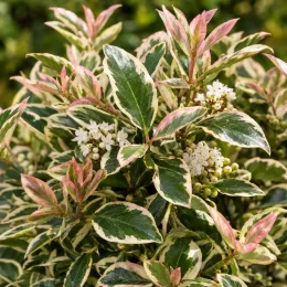 Troène du japon 'Briquinze' (Ligustrum japonicum) — feuillage panaché avec petites fleurs blanches et fruits
