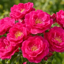 Rosier 'Mirato' (Rosa hybrida) — gros plan de fleurs doubles rose vif · Photo d'illustration