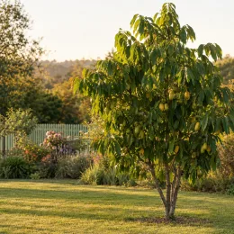 Asiminier sweet virginia 'Sweet virginia' (Asimina triloba) — arbre fruitier isolé chargé de fruits jaunes
