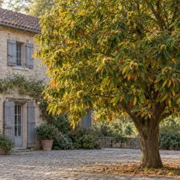 Châtaigner (Castanea crenata) — grand arbre couvert de bogues devant maison en pierre · Photo d'illustration
