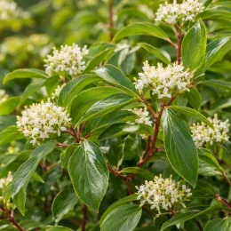 Cornouiller soyeux 'Kelseyi' (Cornus sericea) — rameaux dressés avec feuilles vernissées et fleurs · Photo d'illustration