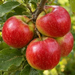 Pommier 'Idared' (Malus domestica) — quatre gros fruits rouges sur branche feuillée
