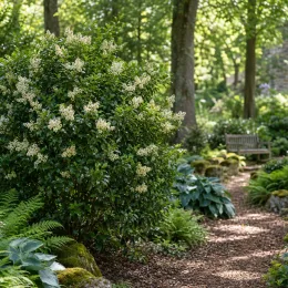 Troène (Ligustrum ibota) — arbuste fleuri en massif dans un jardin · Photo d'illustration