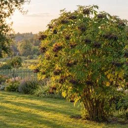 Sureau noir à gros fruits 'Haschberg' (Sambucus nigra) — grand arbuste fruitier au jardin ensoleillé · Photo d'illustration