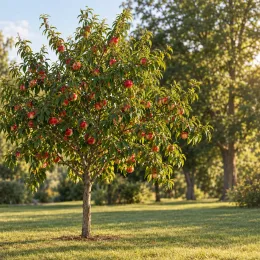 Nectarinier 'Silverlode' (Prunus persica) — petit arbre fruitier couvert de fruits rouges · Photo d'illustration