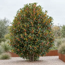 Osmanthe à feuilles variables 'Rubra' (Osmanthus fragrans) — grand arbuste dense en massif de graviers