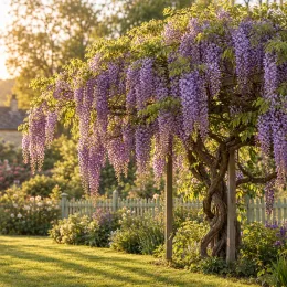 Glycine 'Black dragon' (Wisteria floribunda) — grande liane grimpante couverte de grappes violettes · Photo d'illustration