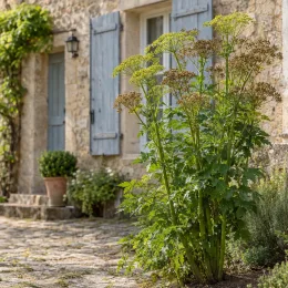 Livèche (Levisticum officinale) — grand plant vert près d'une maison en pierre · Photo d'illustration