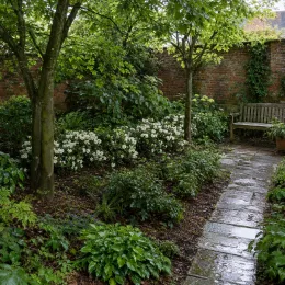 Azalée japonaise 'Olga niblett blanc' (Azalea japonica) — massif de fleurs blanches sous des arbres, allée pavée · Photo d'illustration