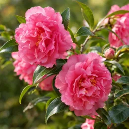 Camelia 'Showa no sakae' (Camelia sasanqua) — grandes fleurs doubles roses sur branches feuillées · Photo d'illustration