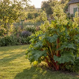Rhubarbe géante (Rheum rhabarbarum) — grand massif de tiges rouges au feuillage large · Photo d'illustration