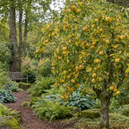 Pommier 'Chantecler' (Malus domestica) — arbre chargé de fruits jaunes dans un jardin · Photo d'illustration