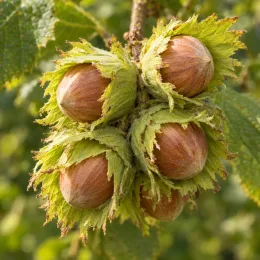 Noisetier 'Geante des halles' (Corylus avellana) — gros plan de noisettes groupées dans leur enveloppe · Photo d'illustration