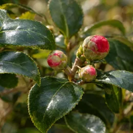 Camelia 'Volcano' (Camelia japonica) — bourgeons floraux rouges parmi des feuilles luisantes · Photo d'illustration