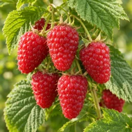 Framboisier 'Tulameen' (Rubus idaeus) — grappes de fruits rouges mûrs parmi le feuillage · Photo d'illustration