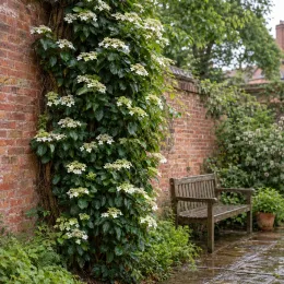 Hortensia (Hydrangea seemanii) — plante grimpante à fleurs blanches contre mur en briques · Photo d'illustration