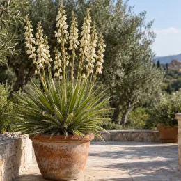 Hesperaloe géant 'Alba' (Hesperaloe funifera) — touffe graphique en pot sur terrasse ensoleillée · Photo d'illustration