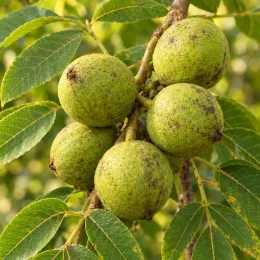 Noyer noir (Juglans nigra) — gros fruits ronds verts parmi des feuilles composées · Photo d'illustration