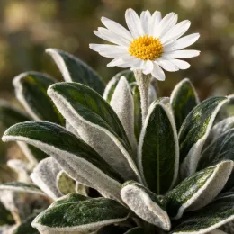 Pachystegia (Pachystegia insignis) — fleur solitaire au-dessus d’un feuillage duveteux · Photo d'illustration