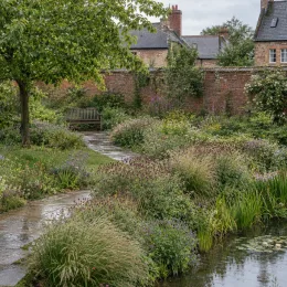 Pimprenelle 'Tanna' (Sanguisorba officinalis) — jardin naturel avec massif fleuri près d'un bassin · Photo d'illustration