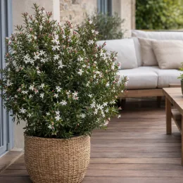 Fleur de cire à longues feuilles 'Flower girl white' (Eriostemon myoporoides) — grand arbuste fleuri en pot tressé sur terrasse