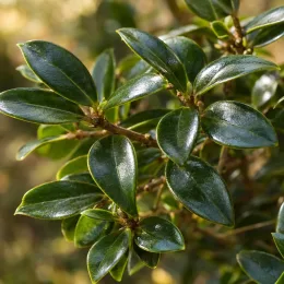 Magnolia 'Vanilla pearls' (Magnolia laevifolia) — gros plan de feuilles vertes vernissées