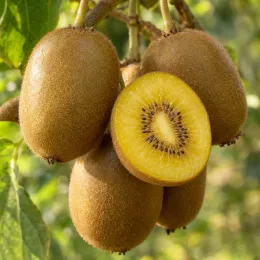 Kiwi 'Male femelle kiw'happy' (Actinidia deliciosa) — gros plan de fruits mûrs coupés · Photo d'illustration