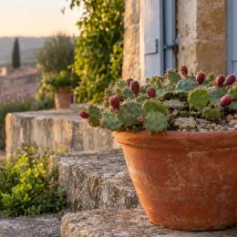 Oponce de l'est 'Point pelee' (Opuntia humifusa) — cactus en pot sur marches en pierre
