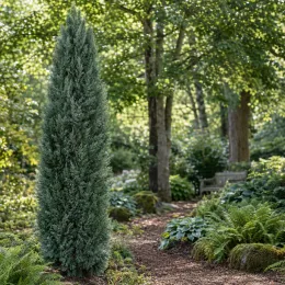 Cyprès de leyland 'Haggerston grey' (Cupressocyparis leylandii) — conifère étroit et dense dans un jardin ombragé · Photo d'illustration