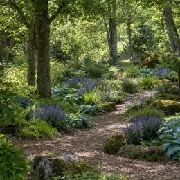 Sauge officinale 'Blue' (Salvia apex) — massif de vivaces bleues le long d'un sentier · Photo d'illustration