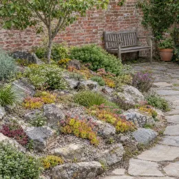 Joubarbe lemon waves 'Chick charms lemon waves' (Sempervivum) — massif de rocailles fleuries au pied d’un mur · Photo d'illustration