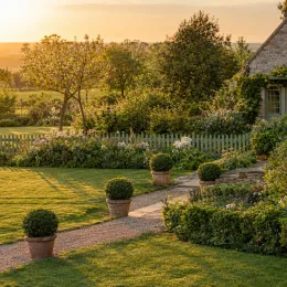 Houx crénelé 'Hollybox' (Ilex vomiforia) — jardin paysager au coucher du soleil · Photo d'illustration