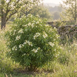 Oranger du mexique 'Aztec pearl' (Choisya ternata) — arbuste arrondi couvert de petites fleurs blanches · Photo d'illustration